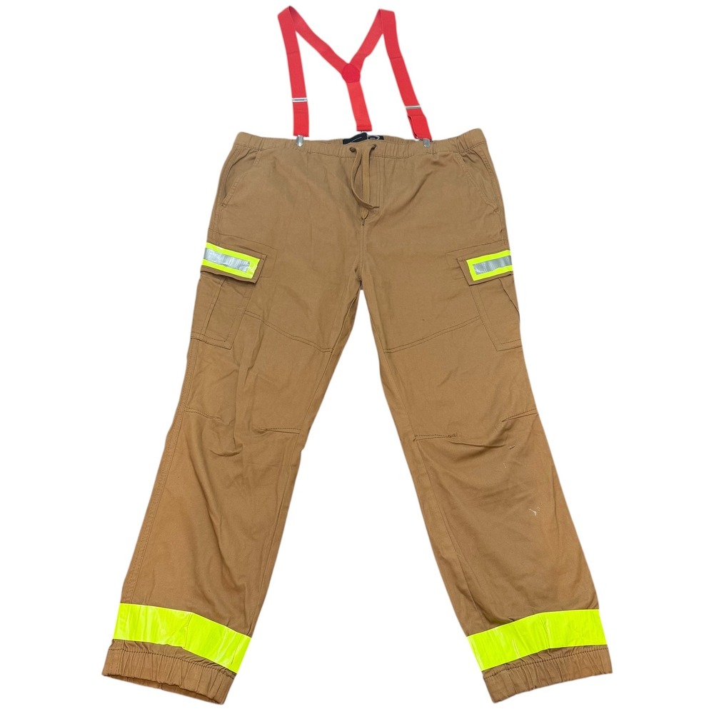 Mens 2XL Carpenter Pants Fireman Work Trousers Safety Reflective Neon Suspenders